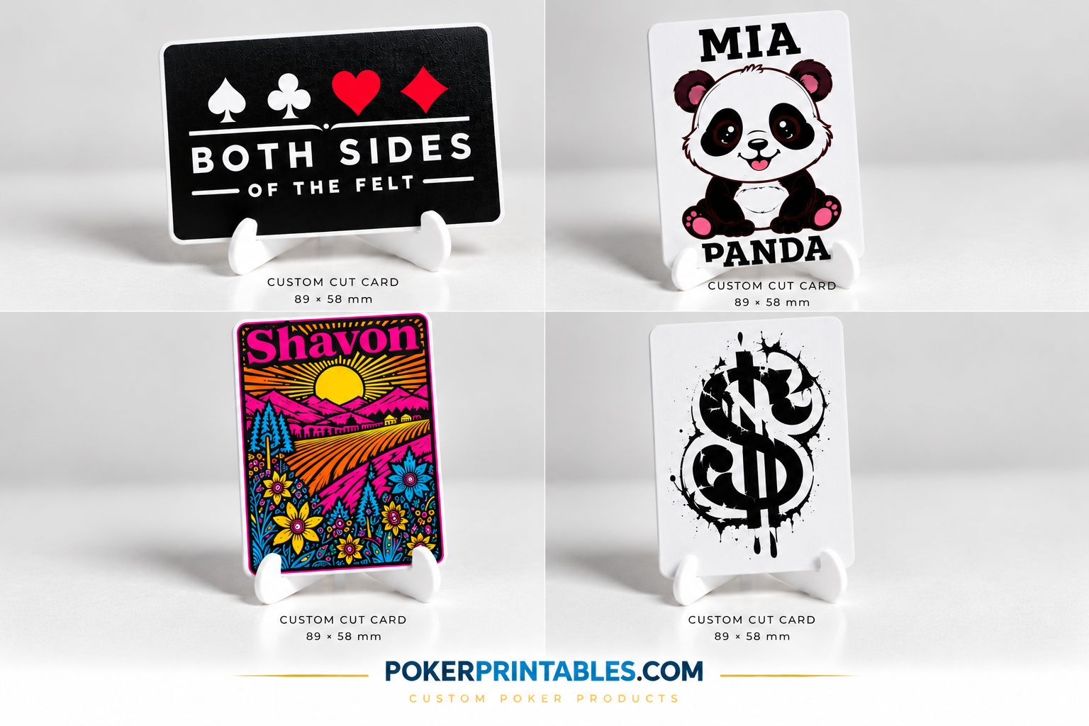 Approved cut-card mockups with Both Sides of the Felt lettering, Mia Panda artwork, a colorful Shavon design and a black monogram