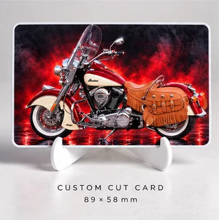 Approved motorcycle cut-card mockup on a stand, shown in full