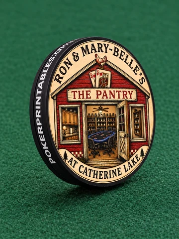 Photograph of The Pantry personalized dealer button, showing its printed face and edge