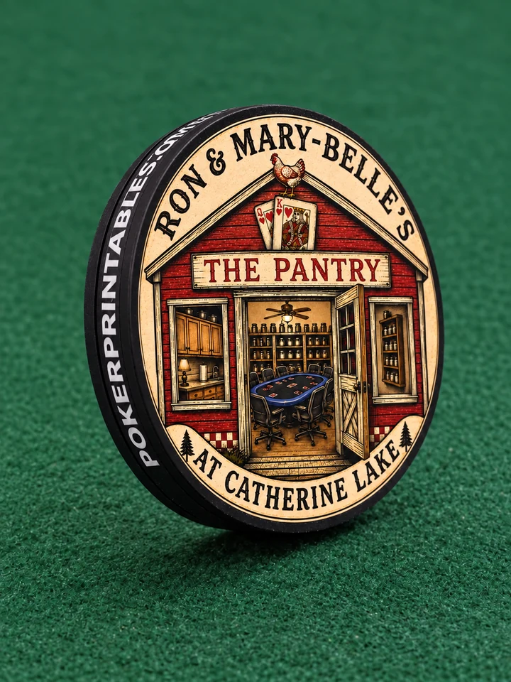 Photograph of The Pantry personalized dealer button on green felt, shown in full