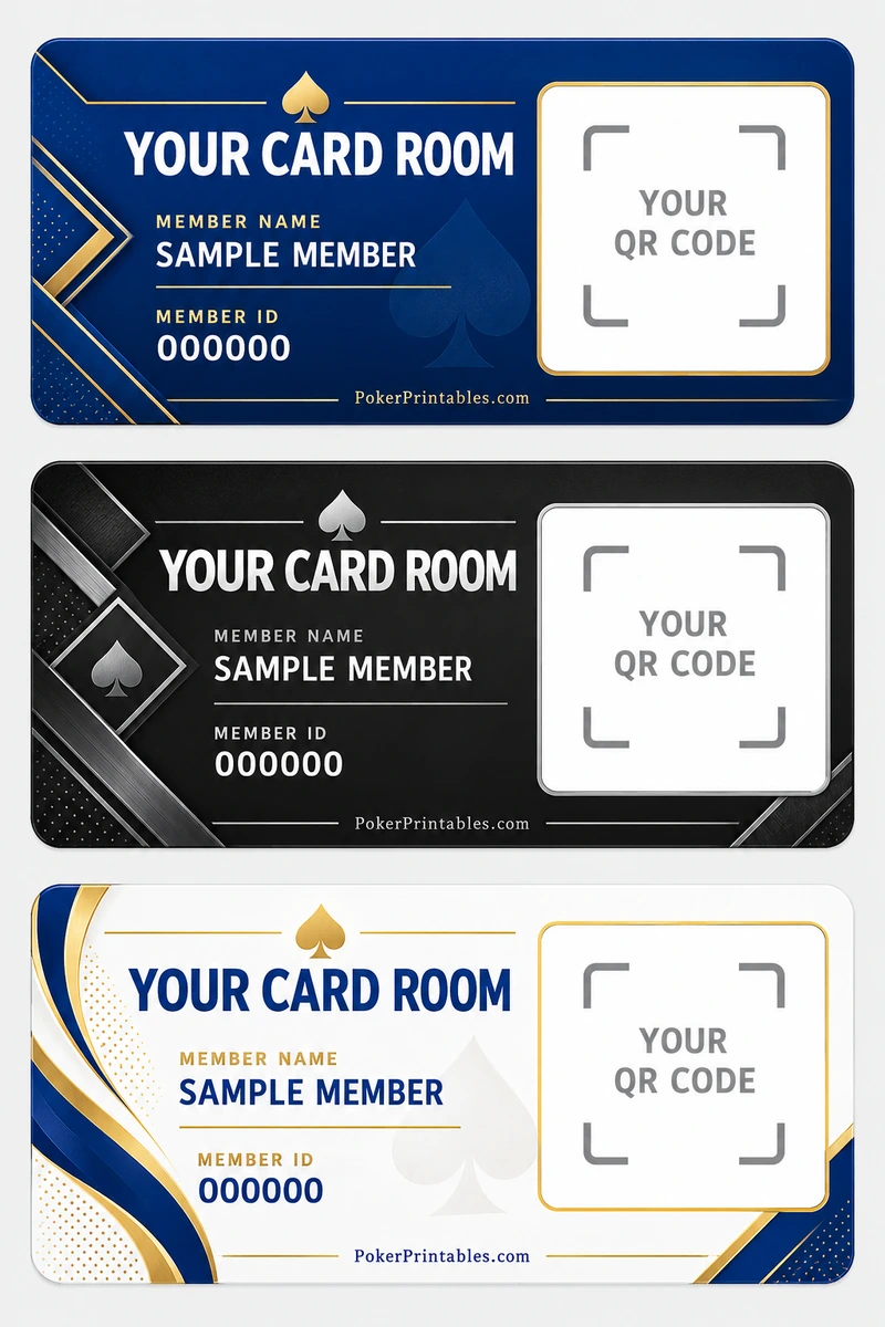 Signature: three complete membership card design concepts with card-room name, member information and QR-code placeholders